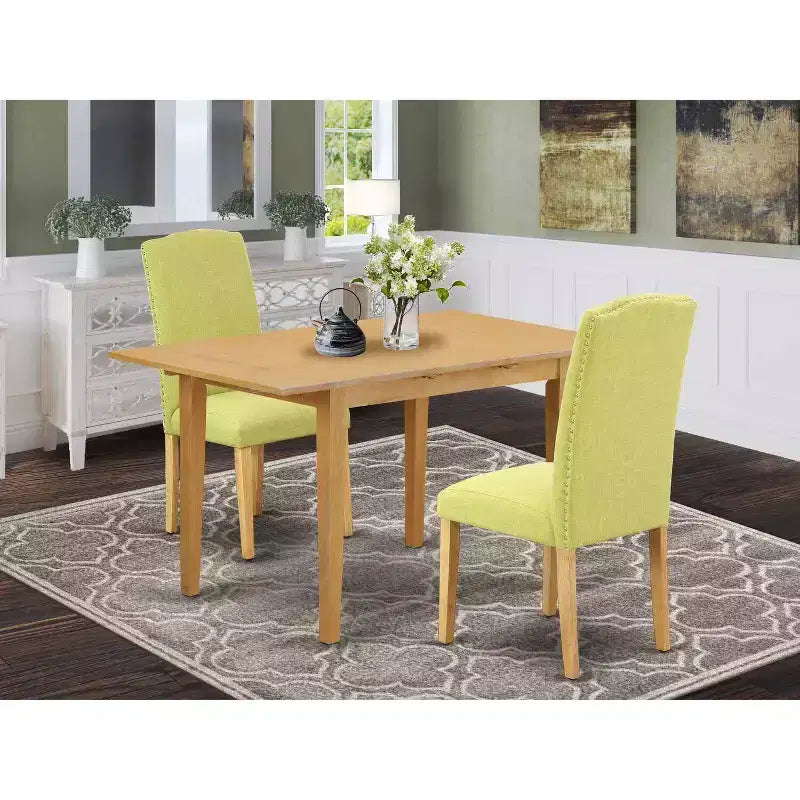 Set da pranzo rettangolare - Tavolo 3 pezzi con allunga a farfalla e 2 sedie Parsons - Tessuto di lino, gambe in rovere