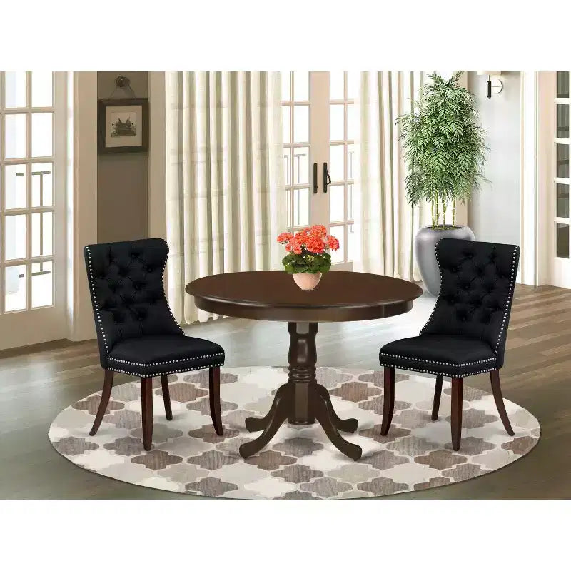 Set da pranzo 3 pezzi con piano rotondo in legno massello con finitura mogano, imbottito - 4 posti