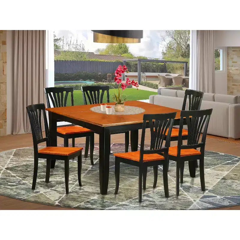 HomeStock Tavolo da Pranzo Quadrato 7 Pezzi in Legno Massello con Finitura Nera e Ciliegio con 6 Sedie