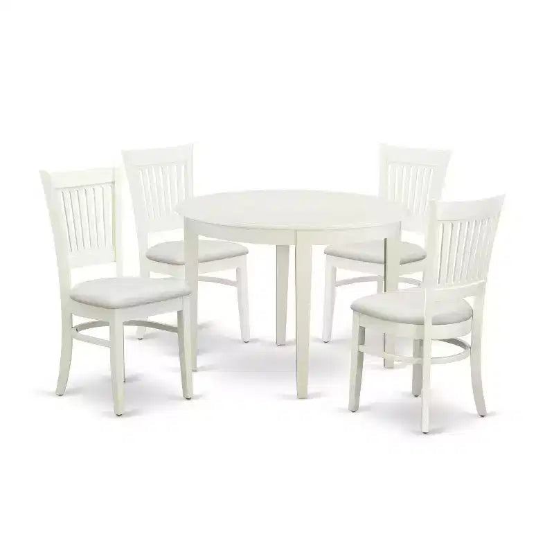 5-Piece Linen White Finish Solid Wood Top - Round Dining Room Set - Seats 4