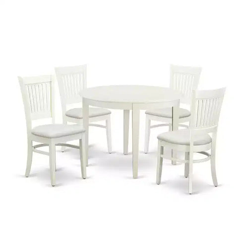 5-Piece Linen White Finish Solid Wood Top - Round Dining Room Set - Seats 4