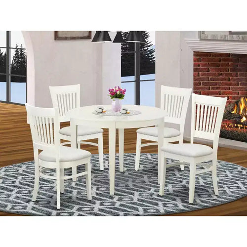 Set da pranzo rotondo a 5 pezzi in legno massello con finitura bianca lino - 4 posti a sedere