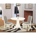 Set sala da pranzo rotondo da 3 pezzi con piano in legno massello e lino bianco - 4 posti a sedere