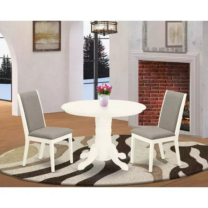 Set sala da pranzo rotondo da 3 pezzi con piano in legno massello e lino bianco - 4 posti a sedere