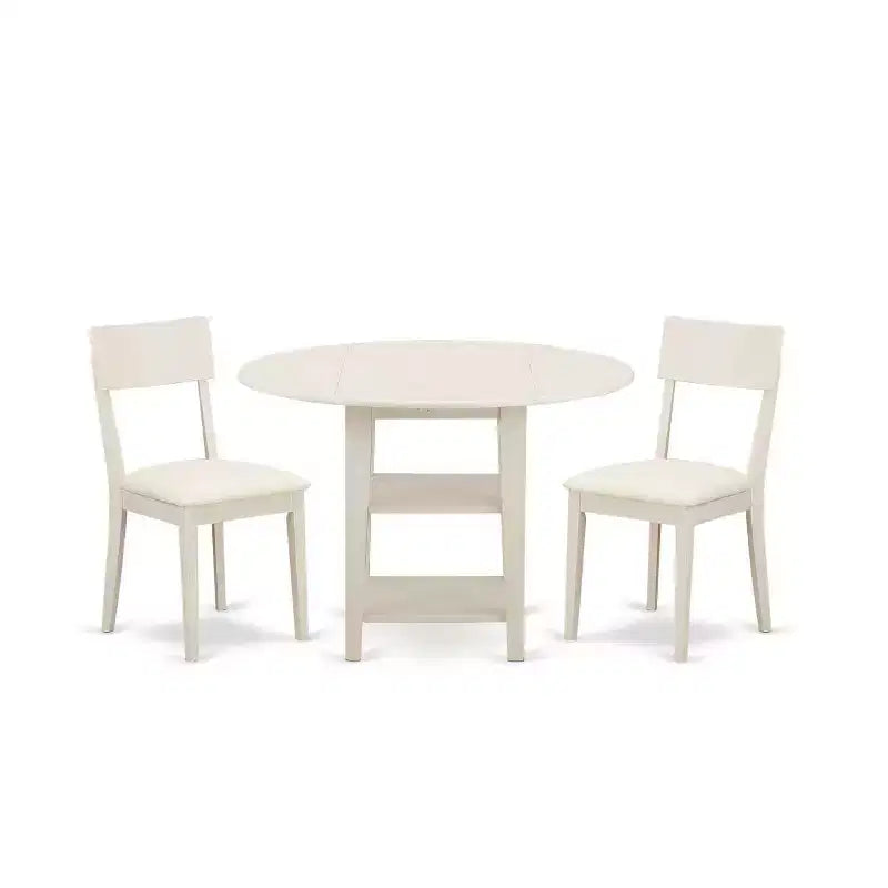 HomeStock 3-Piece Linen White Finish Round Solid Wood Top Dining Table Set