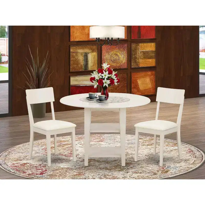 HomeStock Set da pranzo in 3 pezzi con piano rotondo in legno massello e finitura bianco lino