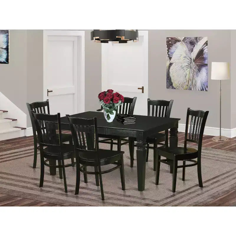 HomeStock Tavolo da Pranzo Rettangolare 7 Pezzi con Finitura Nera, Piano in Legno Massello e 6 Sedie
