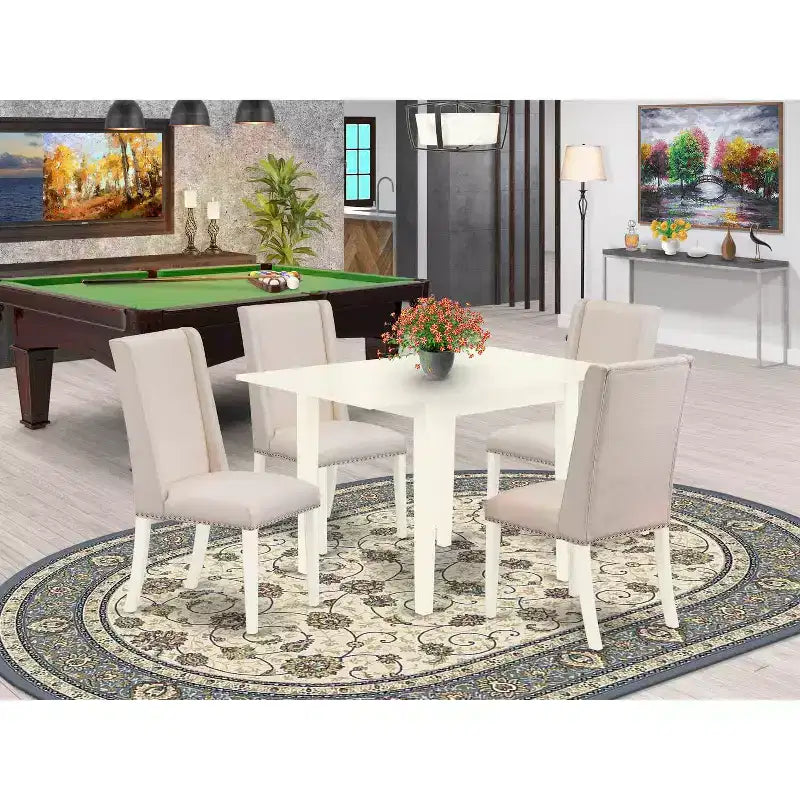 HomeStock Tavolo da pranzo a 5 pezzi con piano in legno massello e finitura bianco lino, con 4 sedie Parson e prolunga a ribalta