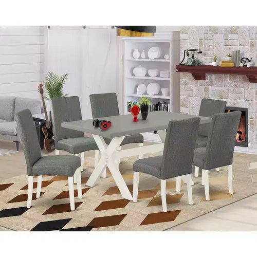 Tavolo da pranzo rettangolare a 7 pezzi con piano in legno massello con finitura in rovere naturale e 6 sedie con