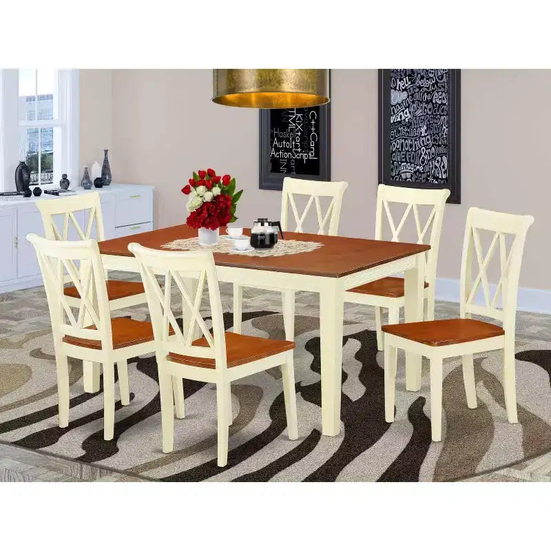 Set da pranzo gotico 7 pezzi tavolo rettangolare con allunga e 6 sedie con schienale a doppia X
