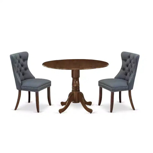 3-Piece Antique Walnut Finish Solid Wood Top-Round Upholstered Dining Room Set -Seats 4