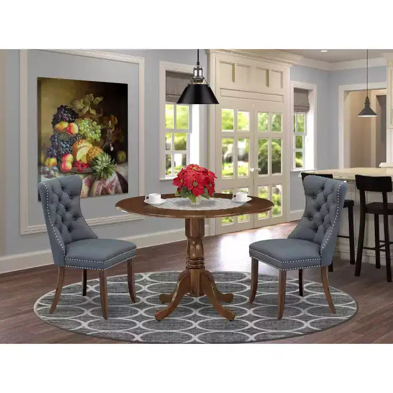 Set da 3 pezzi per sala da pranzo con tavolo rotondo imbottito in legno massello finitura noce antico - 4 posti