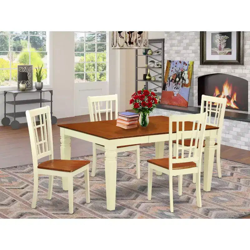 HomeStock Tavolo da pranzo a 5 pezzi con ripiano in legno massello con finitura color latticello e ciliegio con 4 sedie