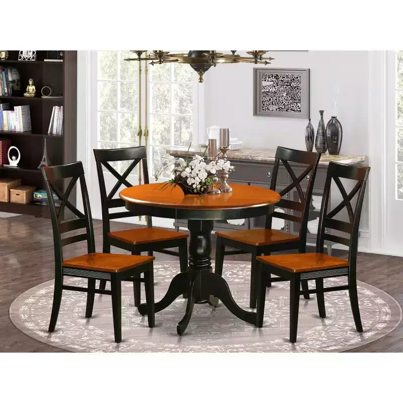 Set da pranzo 5 pezzi in legno massello con tavolo rotondo nero e 4 sedie con