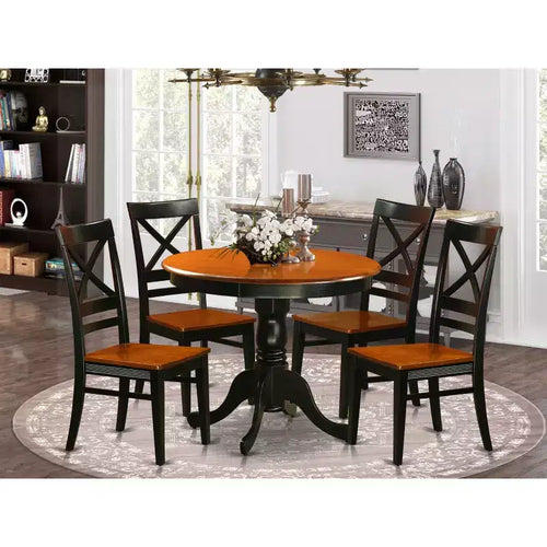 Set da pranzo 5 pezzi in legno massello con tavolo rotondo nero e 4 sedie con