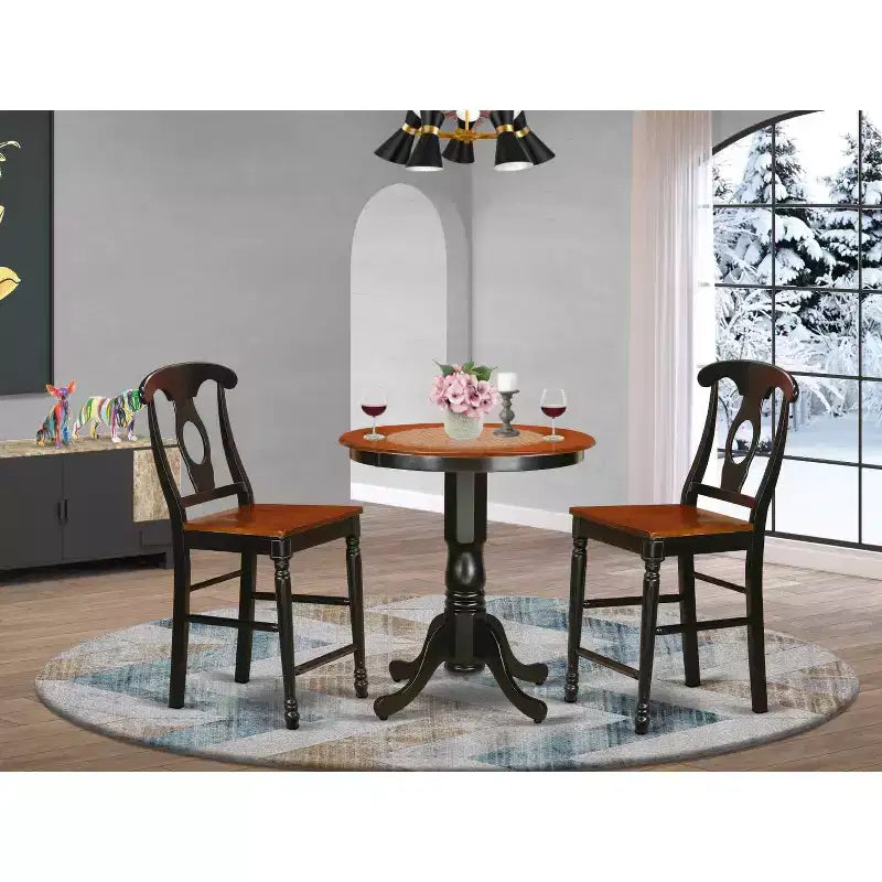 HomeStock Set da pranzo da 3 pezzi con tavolo rotondo con finitura nera in legno massello e 2 sedie