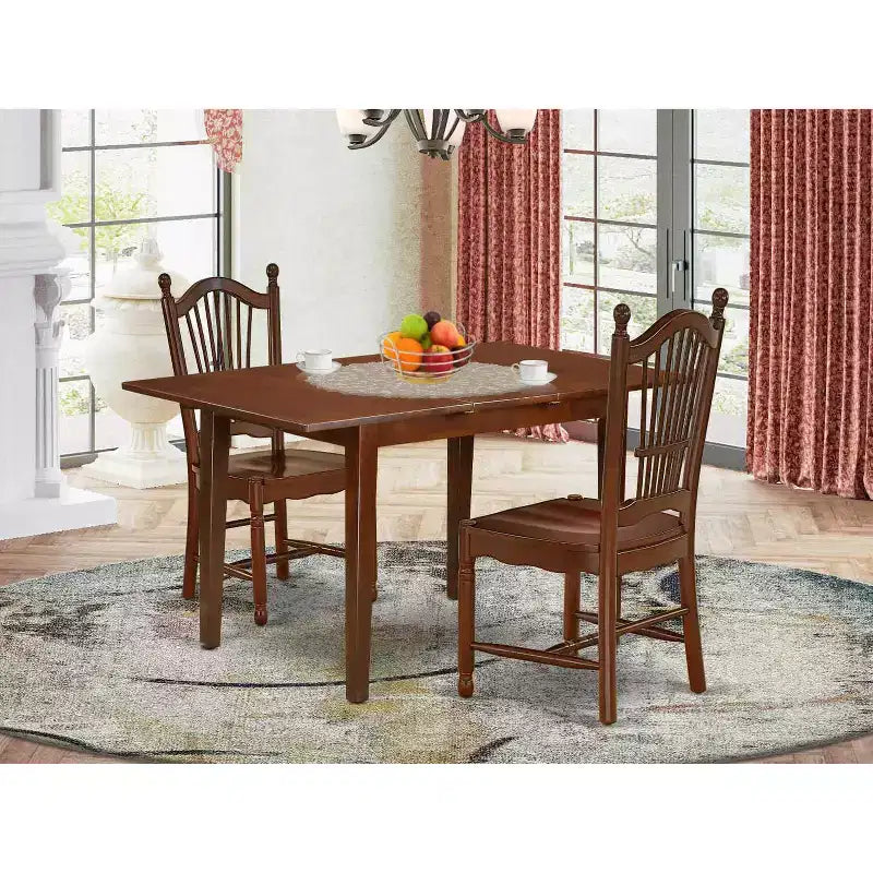 Set da pranzo rustico per cucina - Set tavolo e 2 sedie, 81x137 cm, finitura mogano