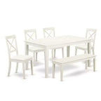 HomeStock 6-Piece Rectangle Linen White Finish Solid Wood Top Dining Table with 1 Bench, 4 Chairs