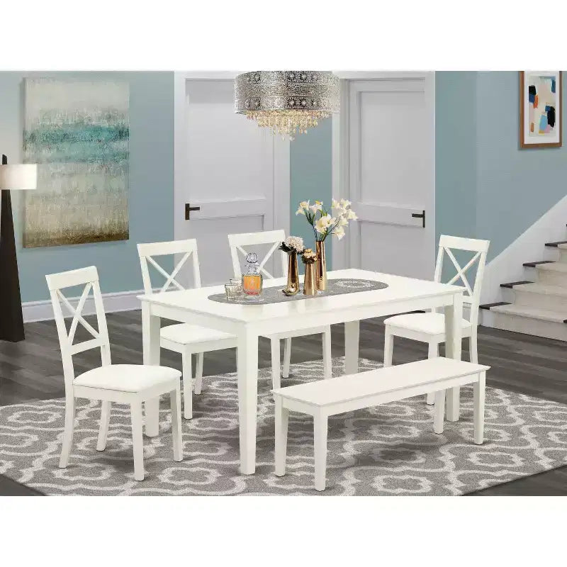 HomeStock Tavolo da Pranzo 6 Pezzi Rettangolare in Lino Bianco con Piano in Legno Massello e 1 Panchina, 4 Sedie