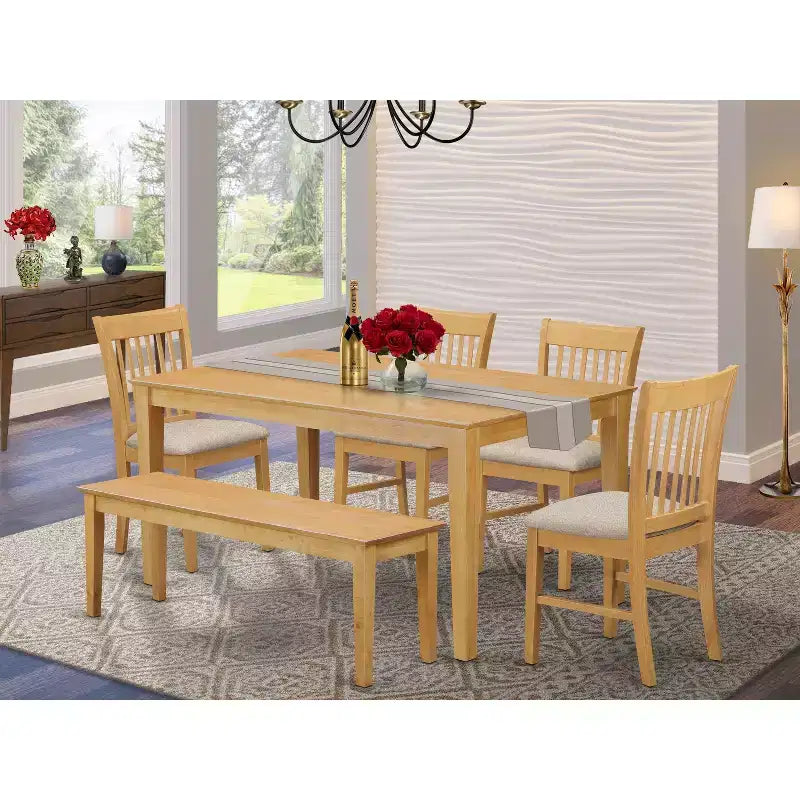 HomeStock Tavolo da Pranzo Rettangolare in Legno Massello con Finitura Rovere Naturale a 6 Pezzi, con 1 Panca e 4 Sedie
