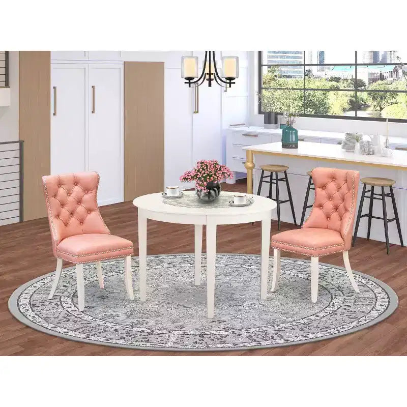 Set da pranzo da 3 pezzi con tavolo rotondo in legno massello finitura lino bianco