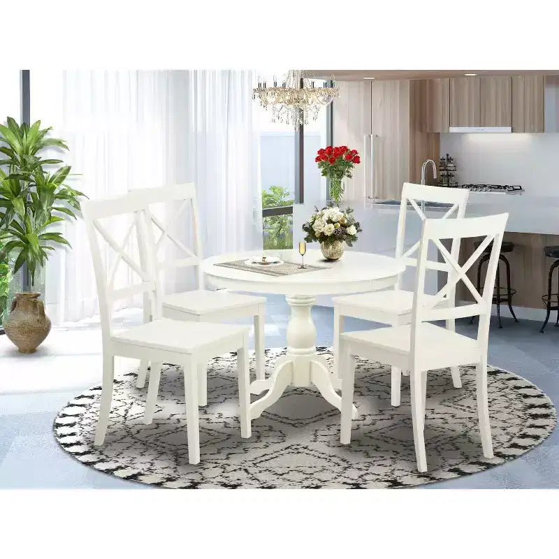 HomeStock Set tavolo da pranzo 5 pezzi in legno massello con finitura in lino bianco e 4 sedie