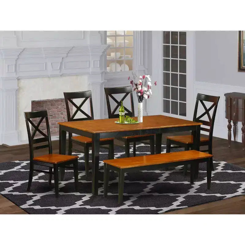 Tavolo da pranzo HomeStock 6 pezzi rettangolare con piano in legno massello finitura nera e ciliegio con 1 panca e 4 sedie