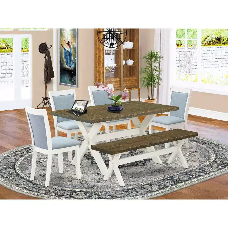 HomeStock Tavolo da Pranzo Rettangolare da 6 Pezzi in Legno Massello con Finitura Lino Bianco Spazzolato e 1 Panca, 4 Sedie