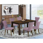 HomeStock Set tavolo da pranzo rettangolare a 7 pezzi in legno massello con finitura Jacobean anticata e 6 sedie Parson