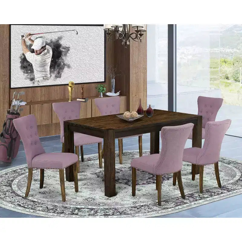 HomeStock Set tavolo da pranzo rettangolare a 7 pezzi in legno massello con finitura Jacobean anticata e 6 sedie Parson