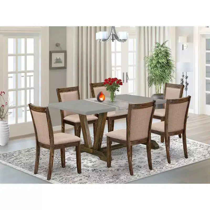 Tavolo da pranzo in legno massiccio HomeStock 7 pezzi con finitura Jacobean anticata e 6 sedie