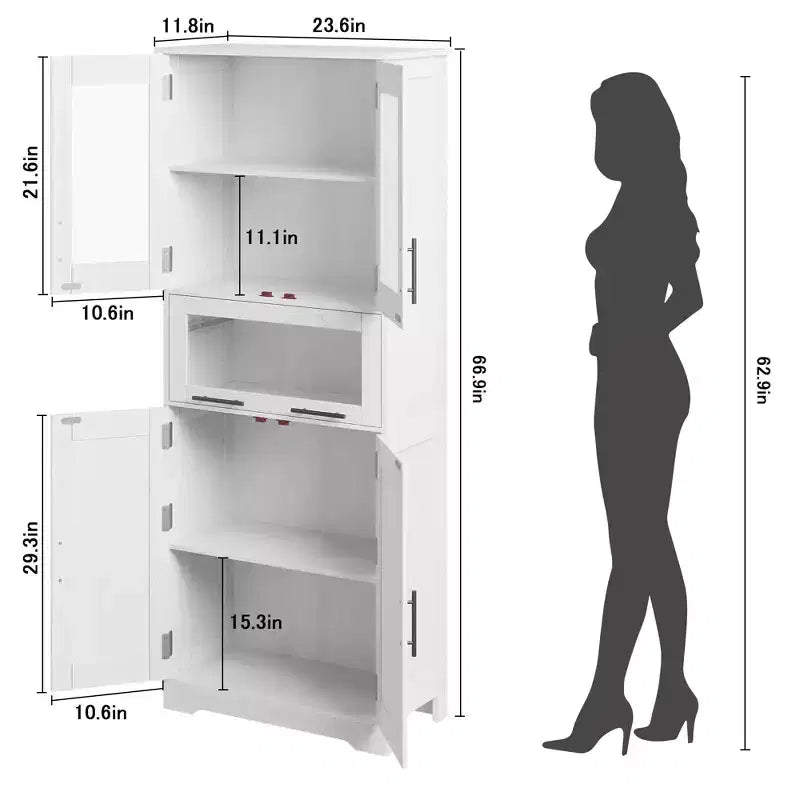 Armadietto da Bagno Alto 67 Pollici con 4 Ante e Cassetto a Ribalta in Vetro, Mobile Contenitore con Ripiani Regolabili, Organizer Autoportante per Cucina, Dispensa, Soggiorno