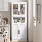 Armadietto da Bagno Alto 67 Pollici con 4 Ante e Cassetto a Ribalta in Vetro, Mobile Contenitore con Ripiani Regolabili, Organizer Autoportante per Cucina, Dispensa, Soggiorno