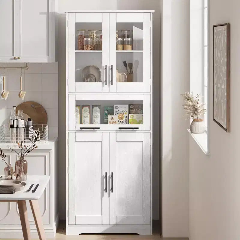 Armadietto da Bagno Alto 67 Pollici con 4 Ante e Cassetto a Ribalta in Vetro, Mobile Contenitore con Ripiani Regolabili, Organizer Autoportante per Cucina, Dispensa, Soggiorno