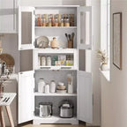 Armadietto da Bagno Alto 67 Pollici con 4 Ante e Cassetto a Ribalta in Vetro, Mobile Contenitore con Ripiani Regolabili, Organizer Autoportante per Cucina, Dispensa, Soggiorno