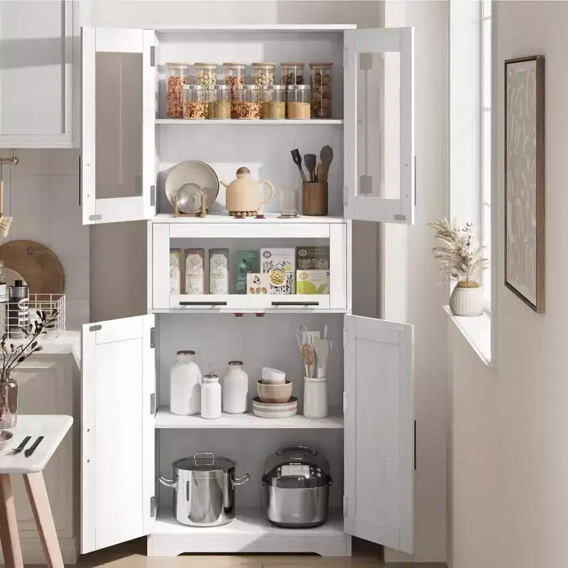 Armadietto da Bagno Alto 67 Pollici con 4 Ante e Cassetto a Ribalta in Vetro, Mobile Contenitore con Ripiani Regolabili, Organizer Autoportante per Cucina, Dispensa, Soggiorno