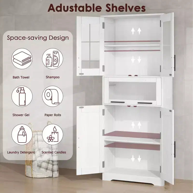 Armadietto da Bagno Alto 67 Pollici con 4 Ante e Cassetto a Ribalta in Vetro, Mobile Contenitore con Ripiani Regolabili, Organizer Autoportante per Cucina, Dispensa, Soggiorno