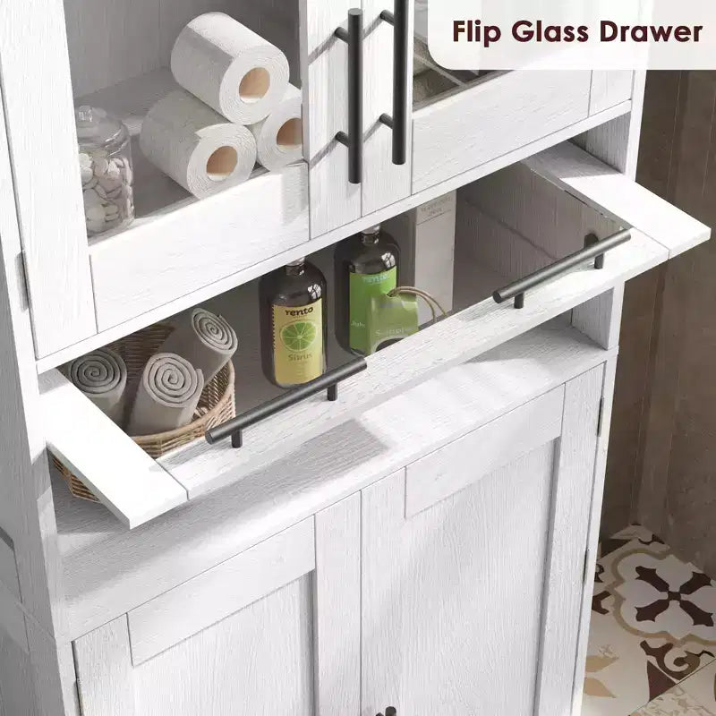 Armadietto da Bagno Alto 67 Pollici con 4 Ante e Cassetto a Ribalta in Vetro, Mobile Contenitore con Ripiani Regolabili, Organizer Autoportante per Cucina, Dispensa, Soggiorno