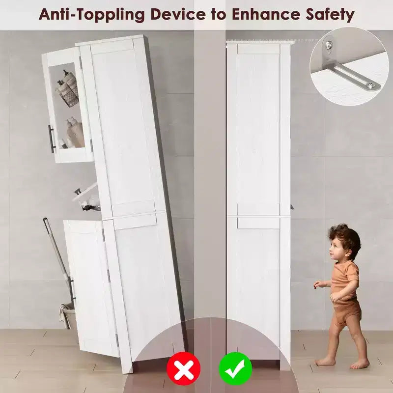 Armadietto da Bagno Alto 67 Pollici con 4 Ante e Cassetto a Ribalta in Vetro, Mobile Contenitore con Ripiani Regolabili, Organizer Autoportante per Cucina, Dispensa, Soggiorno