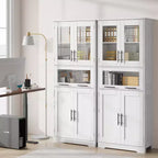 Armadietto da Bagno Alto 67 Pollici con 4 Ante e Cassetto a Ribalta in Vetro, Mobile Contenitore con Ripiani Regolabili, Organizer Autoportante per Cucina, Dispensa, Soggiorno