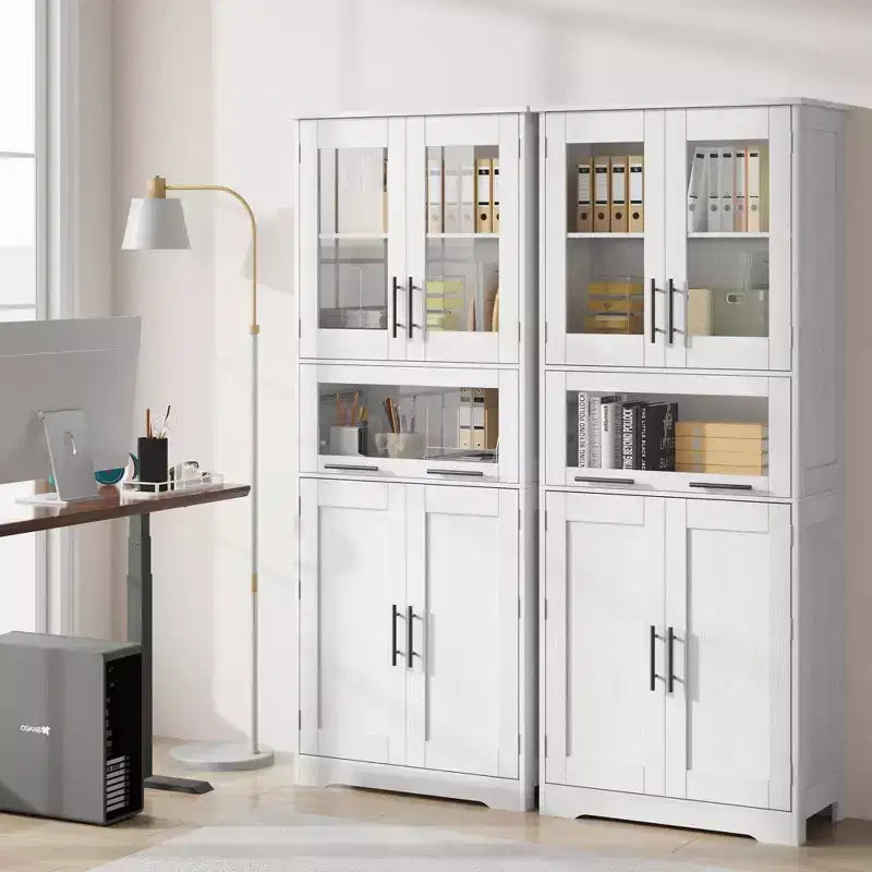 Armadietto da Bagno Alto 67 Pollici con 4 Ante e Cassetto a Ribalta in Vetro, Mobile Contenitore con Ripiani Regolabili, Organizer Autoportante per Cucina, Dispensa, Soggiorno