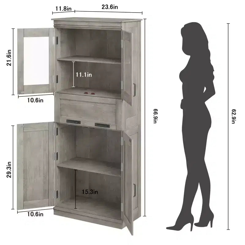 Armadietto da Bagno Alto 67 Pollici con 4 Ante e Cassetto a Ribalta in Vetro, Mobile Contenitore con Ripiani Regolabili, Organizer Autoportante per Cucina, Dispensa, Soggiorno