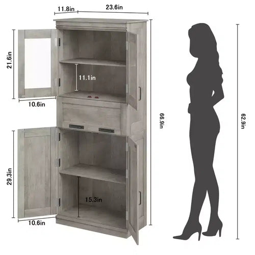 Armadietto da Bagno Alto 67 Pollici con 4 Ante e Cassetto a Ribalta in Vetro, Mobile Contenitore con Ripiani Regolabili, Organizer Autoportante per Cucina, Dispensa, Soggiorno
