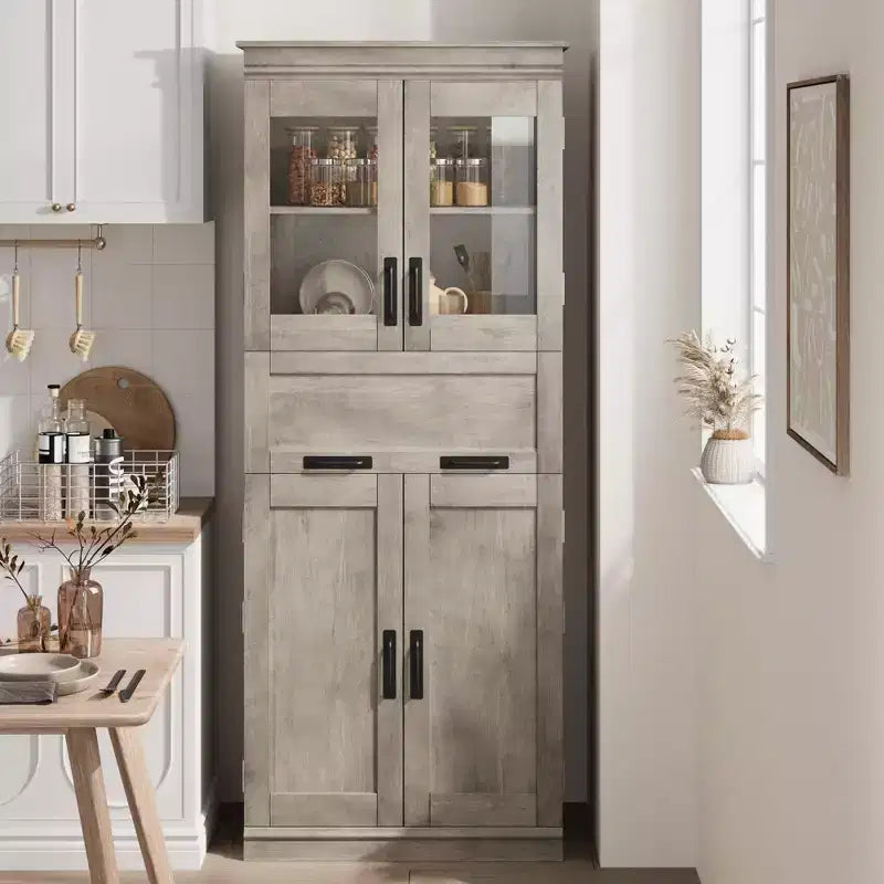 Armadietto da Bagno Alto 67 Pollici con 4 Ante e Cassetto a Ribalta in Vetro, Mobile Contenitore con Ripiani Regolabili, Organizer Autoportante per Cucina, Dispensa, Soggiorno
