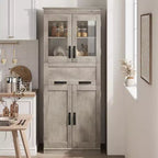 Armadietto da Bagno Alto 67 Pollici con 4 Ante e Cassetto a Ribalta in Vetro, Mobile Contenitore con Ripiani Regolabili, Organizer Autoportante per Cucina, Dispensa, Soggiorno