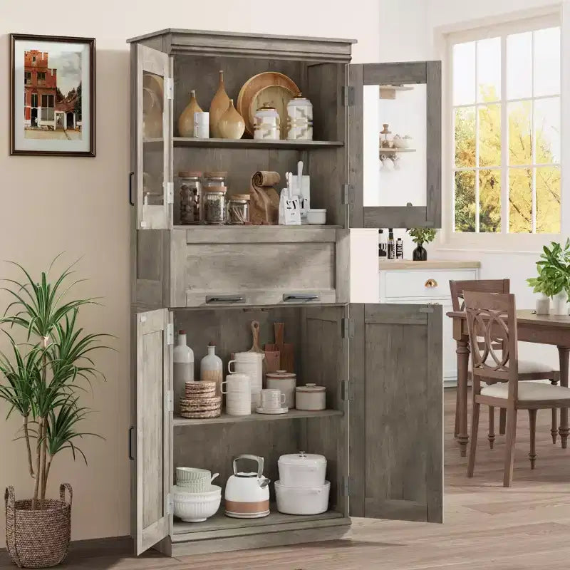 Armadietto da Bagno Alto 67 Pollici con 4 Ante e Cassetto a Ribalta in Vetro, Mobile Contenitore con Ripiani Regolabili, Organizer Autoportante per Cucina, Dispensa, Soggiorno