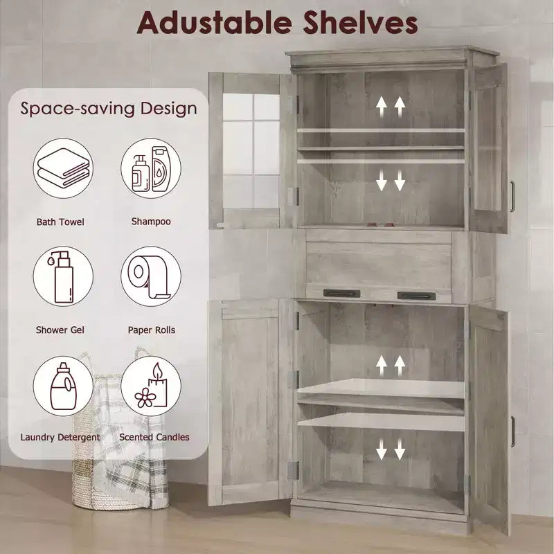 Armadietto da Bagno Alto 67 Pollici con 4 Ante e Cassetto a Ribalta in Vetro, Mobile Contenitore con Ripiani Regolabili, Organizer Autoportante per Cucina, Dispensa, Soggiorno