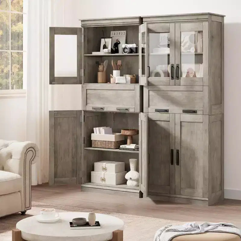 Armadietto da Bagno Alto 67 Pollici con 4 Ante e Cassetto a Ribalta in Vetro, Mobile Contenitore con Ripiani Regolabili, Organizer Autoportante per Cucina, Dispensa, Soggiorno