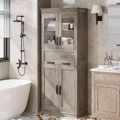 67 Tall Bathroom Cabinet with 4 Doors & Flip Glass Drawer, Storage Cabinet with Adjustable Shelves, Freestanding Organizer for Kitchen,Pantry,Living