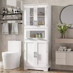 Armadietto da Bagno Alto 67 Pollici con 4 Ante e Cassetto a Ribalta in Vetro, Mobile Contenitore con Ripiani Regolabili, Organizer Autoportante per Cucina, Dispensa, Soggiorno